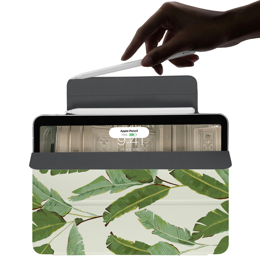 the VistaCase Personalized iPad Slim Fit Case with Green Leaves design,  The case includes built-in storage and a cutout for easy magnetic attachment of your Pencil, ensuring it's always within reach.