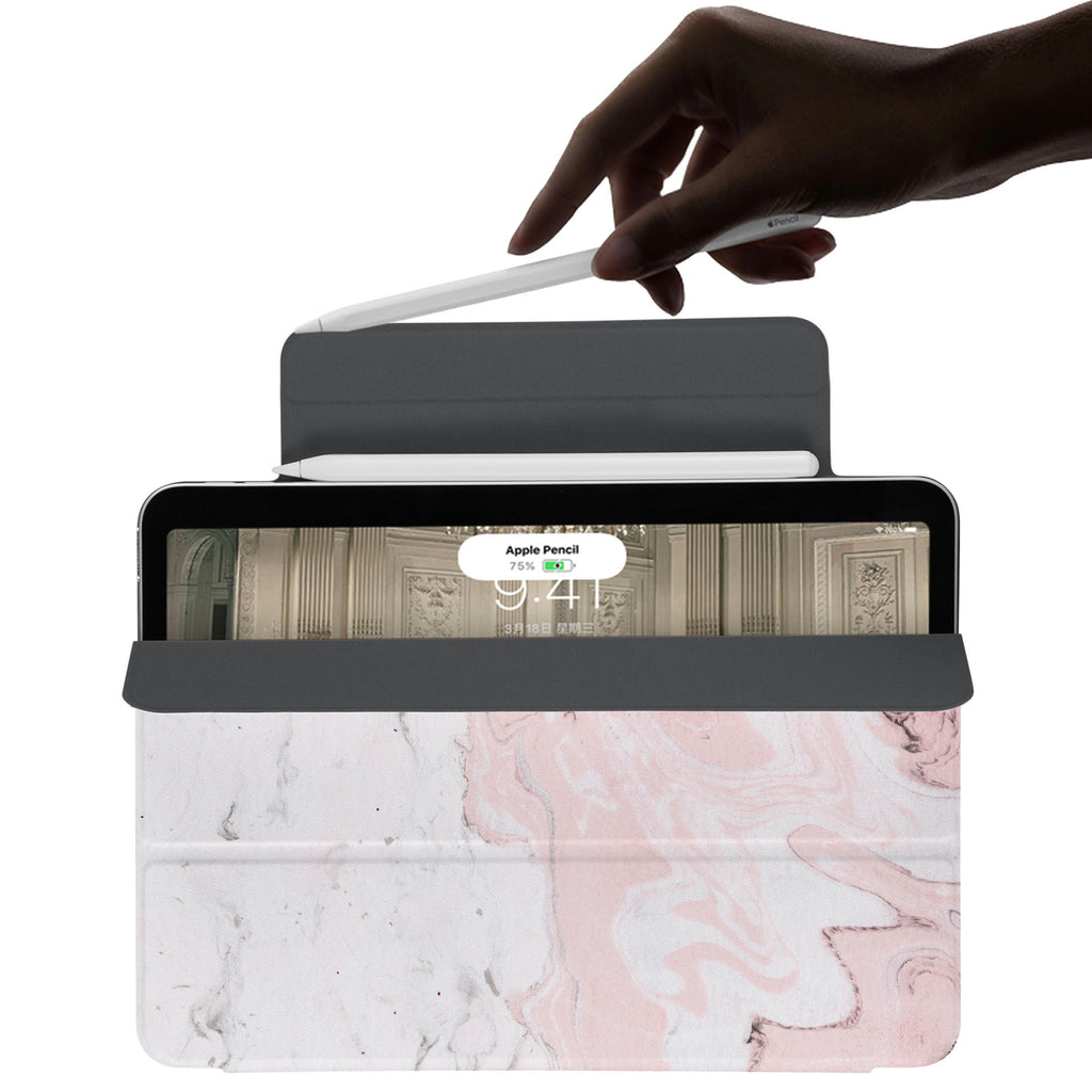 the VistaCase Personalized iPad Slim Fit Case with Pink Marble design,  The case includes built-in storage and a cutout for easy magnetic attachment of your Pencil, ensuring it's always within reach.