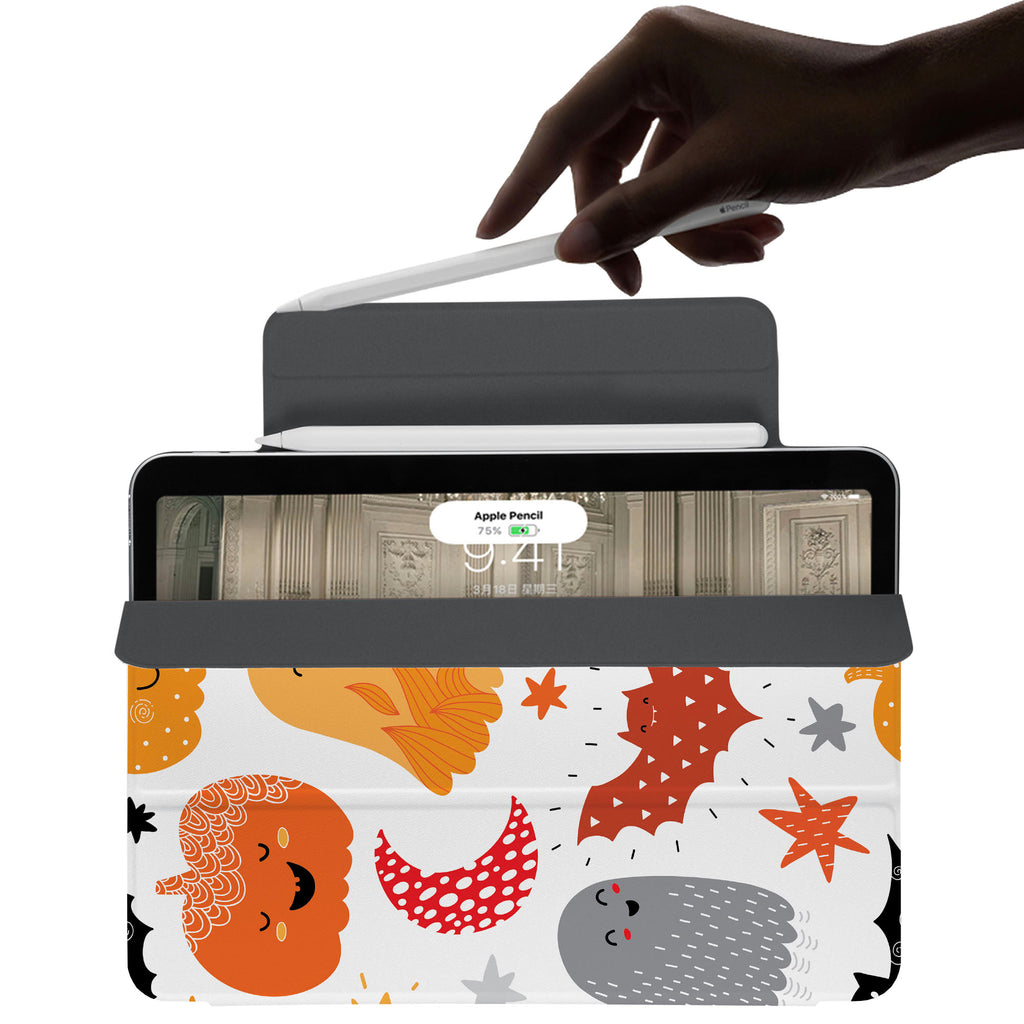 the VistaCase Personalized iPad Slim Fit Case with Halloween design,  The case includes built-in storage and a cutout for easy magnetic attachment of your Pencil, ensuring it's always within reach.