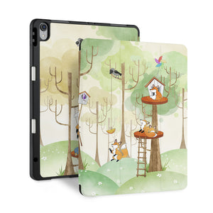 front and back view of personalized iPad case with pencil holder and Forst Animal design