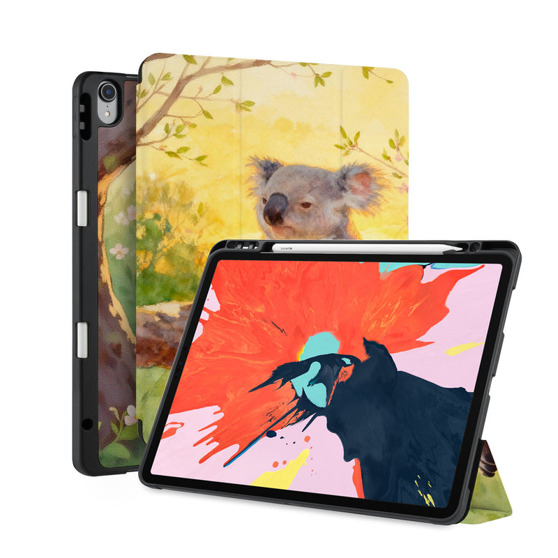 front back and stand view of personalized iPad case with pencil holder and Australia Wild Animal design - swap